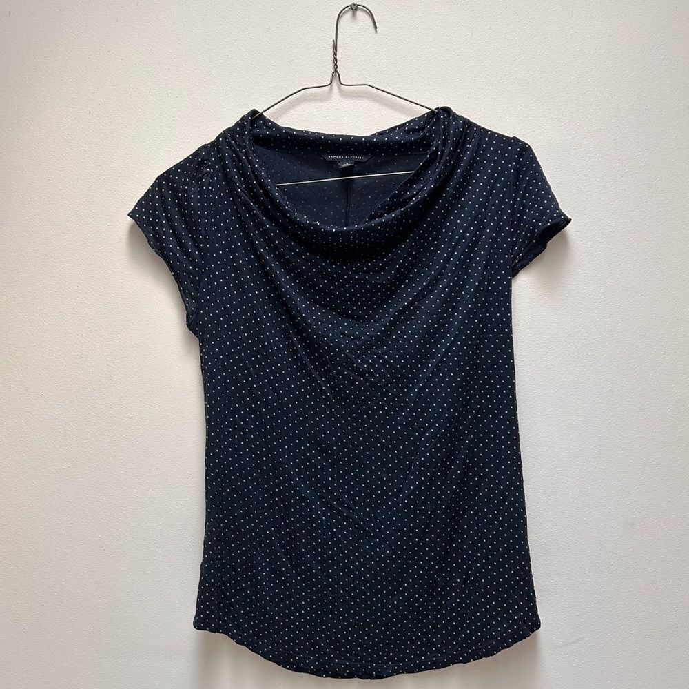 Banana Republic Navy Dotted Short Sleeve Cowl Neck Elegant Polka Dot Blouse
